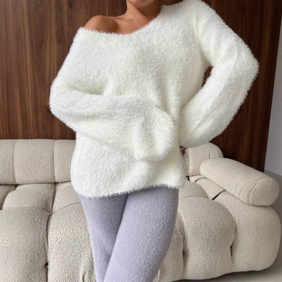 Damen Oversize-Flauschpullover mit V-Ausschnitt und Teddy-Optik – Mavelle