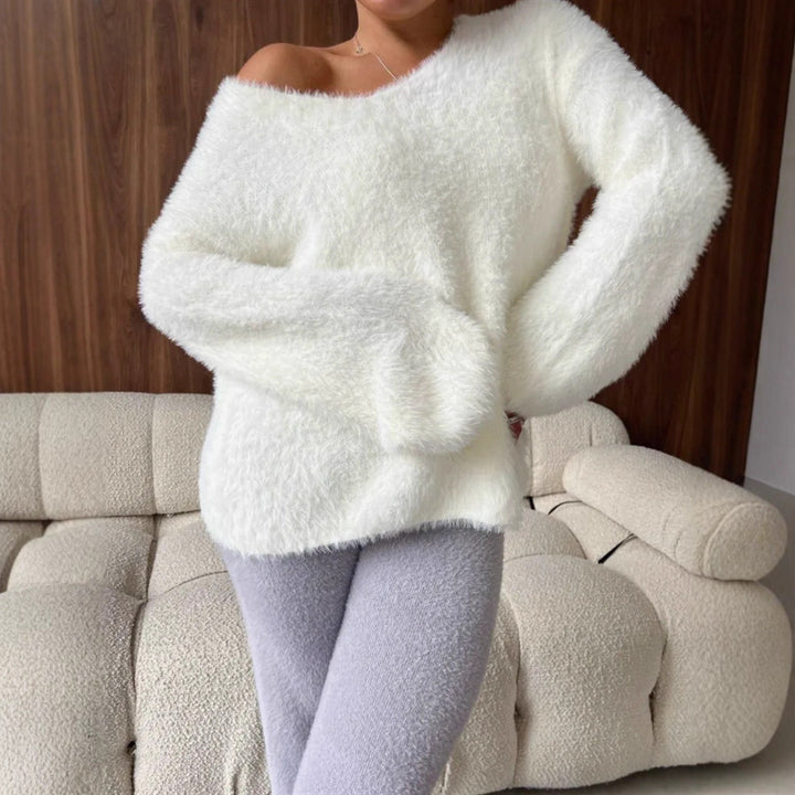 Damen Oversize-Flauschpullover mit V-Ausschnitt und Teddy-Optik – Mavelle