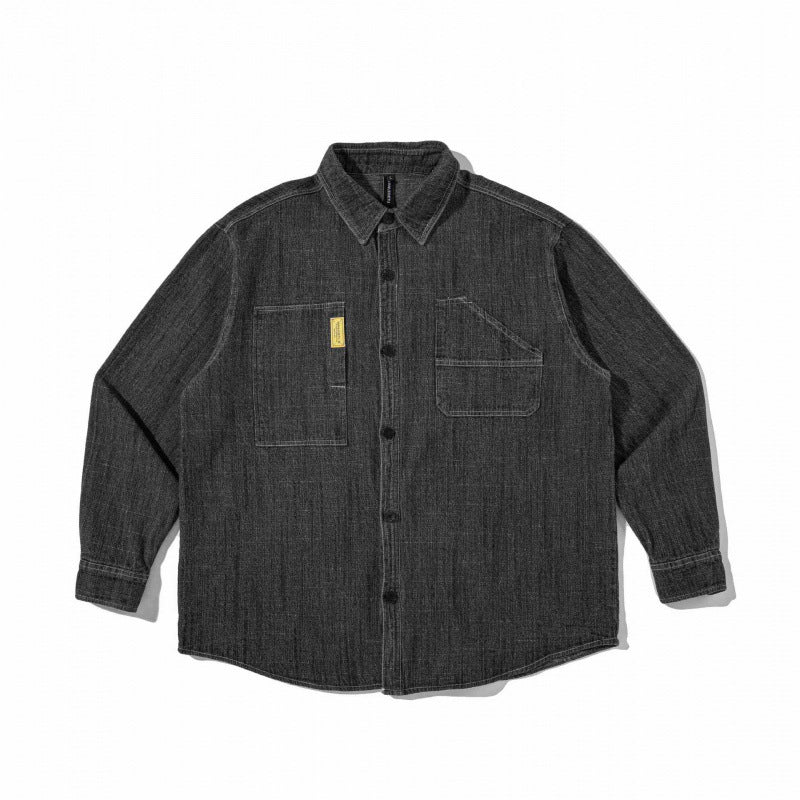 Unisex Kastenförmiges Denim-Overshirt im Worker-Look mit aufgesetzten Taschen und gerundetem Saum Echo Archiv