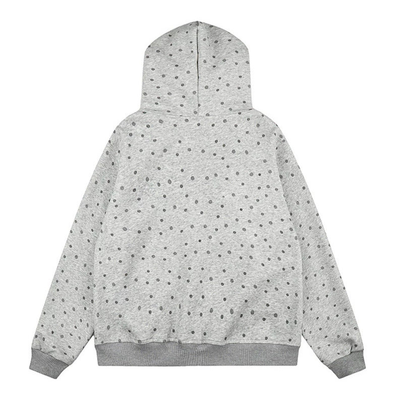 Damen Gepunktete Kapuzen-Sweatjacke mit Kunstfellbesatz, durchgehendem Reißverschluss und Kängurutaschen Echoarchiv