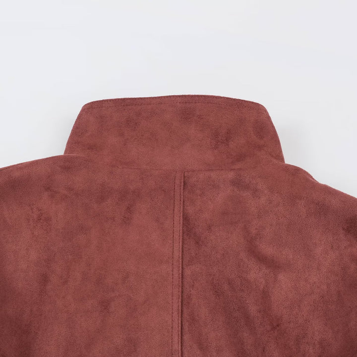 Damen Kurzjacke in Velours‑Optik mit hohem Funnelkragen, verdecktem Verschluss und Taillenbindegürtel Echoarchiv