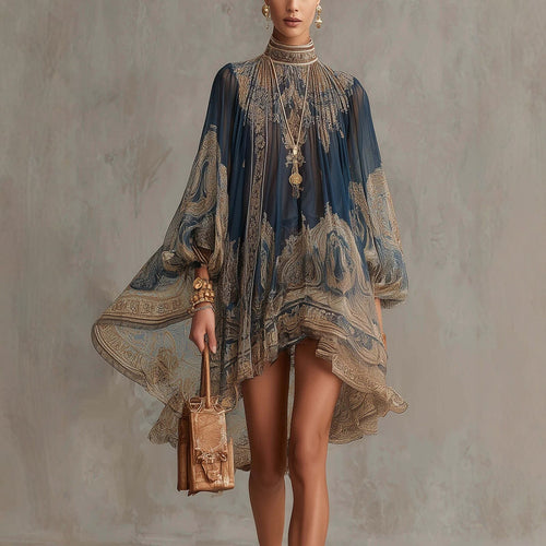 Damen Ätherisches Chiffon Tunika Kleid mit Hohem Stehkragen und Ballonärmeln – Élara