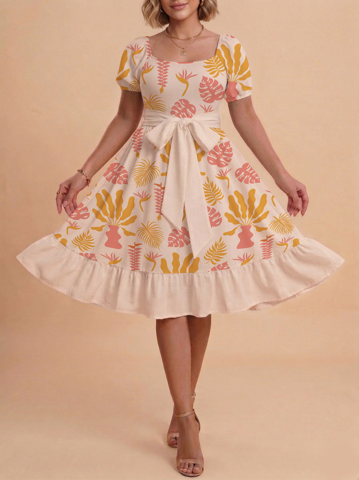 Damen Sommerliches Blumenkleid mit taillierbarem Gürtel und voluminösen Ärmeln Echo Archiv