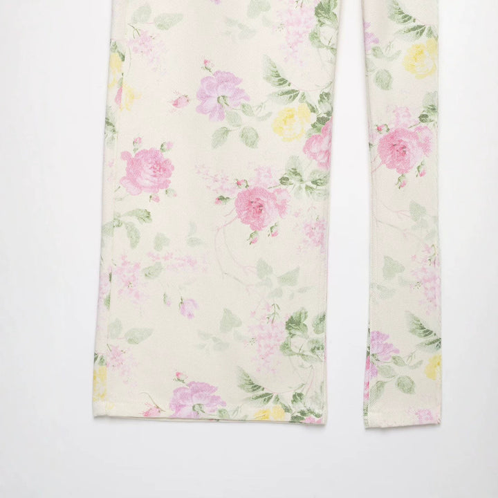 Damen Hochtaillierte weite Jeanshose mit zartem Blumenmuster und Fünftaschen-Schnitt Echo Archiv
