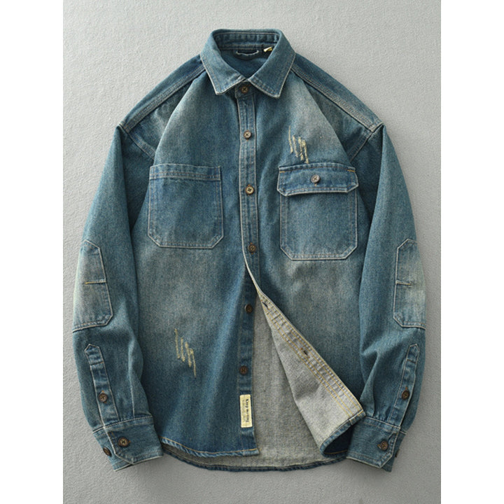 Herren Denim-Hemdjacke im Used-Look mit aufgesetzten Brusttaschen und Knopfleiste Echoarchiv