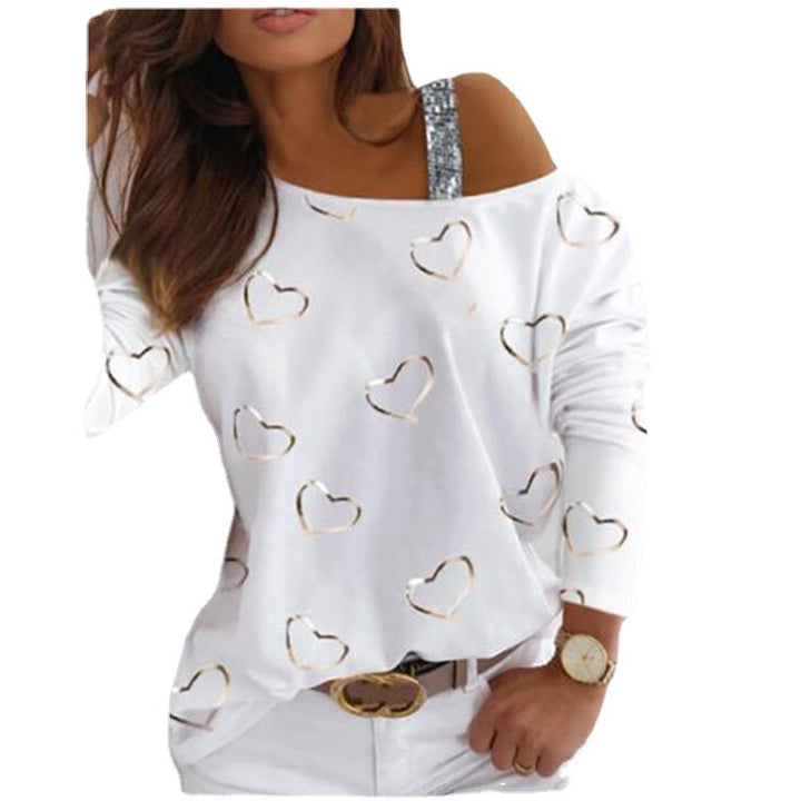 Damen Off-Shoulder Strickpullover mit Herzprint und Paillettenträger Echoarchiv