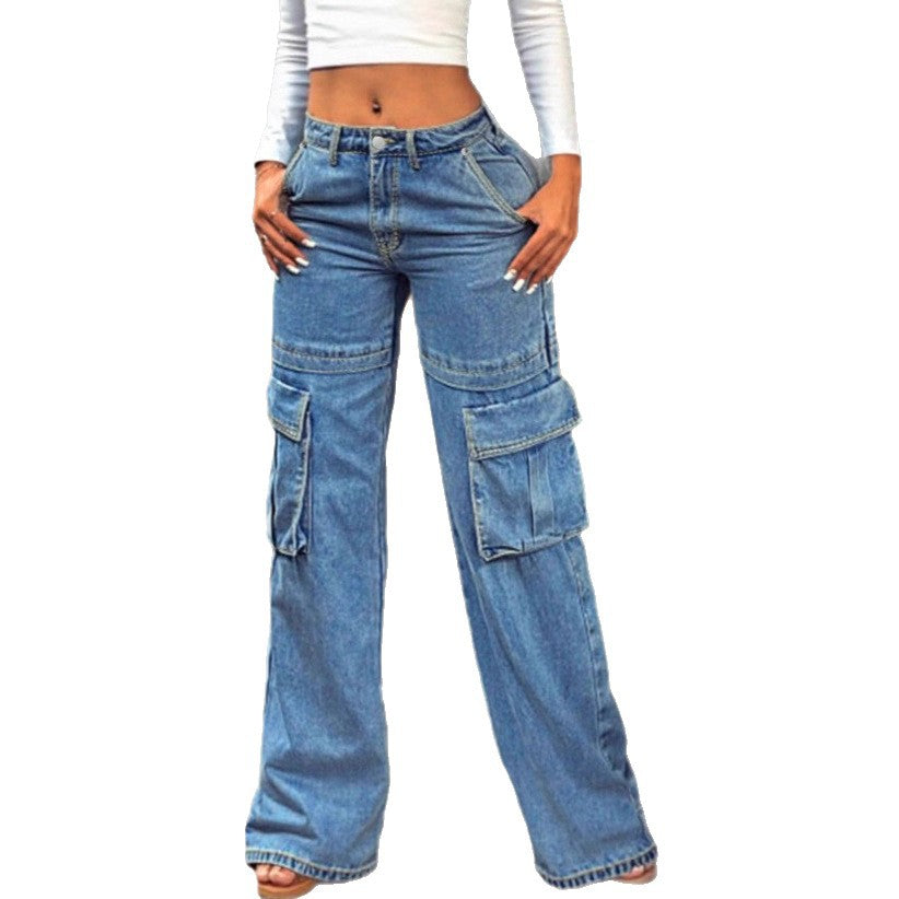 Damen lässige Cargo-Denim-Baggyhose mit extragroßen Klappentaschen und geradem Bein Echo Archiv