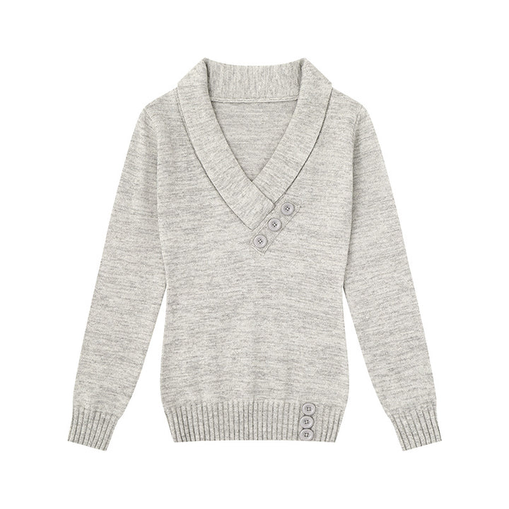 Damen Feinstrick-Pullover mit Schalkragen, V-Ausschnitt und Zierknöpfen Echoarchiv