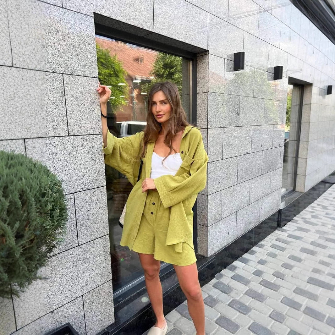 Damen nan lässiges Musselin-Zweiteiler Set mit Oversize-Hemd und elastischer Highwaist-Shorts Echo Archiv
