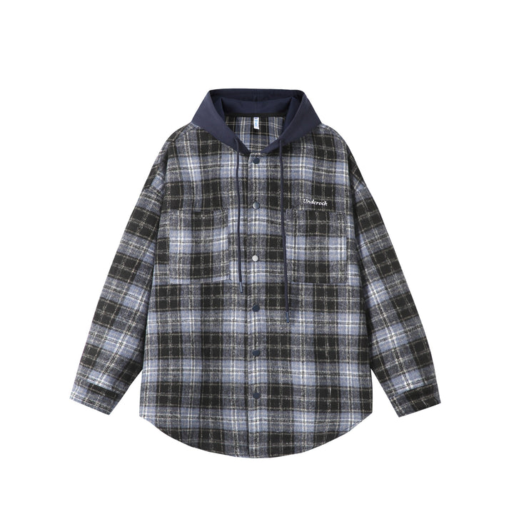 Unisex Oversized Karo-Hemdjacke mit Kapuze, Druckknöpfen und Brusttasche Echoarchiv