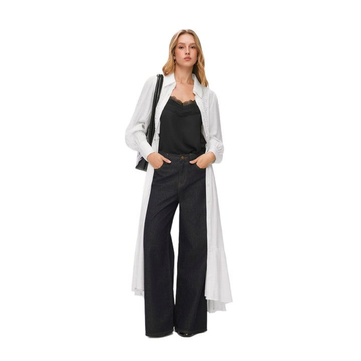 Damen Langes Hemdblusenkleid mit Spitzenbesatz, Taillierung und Stufenrock – Valéora