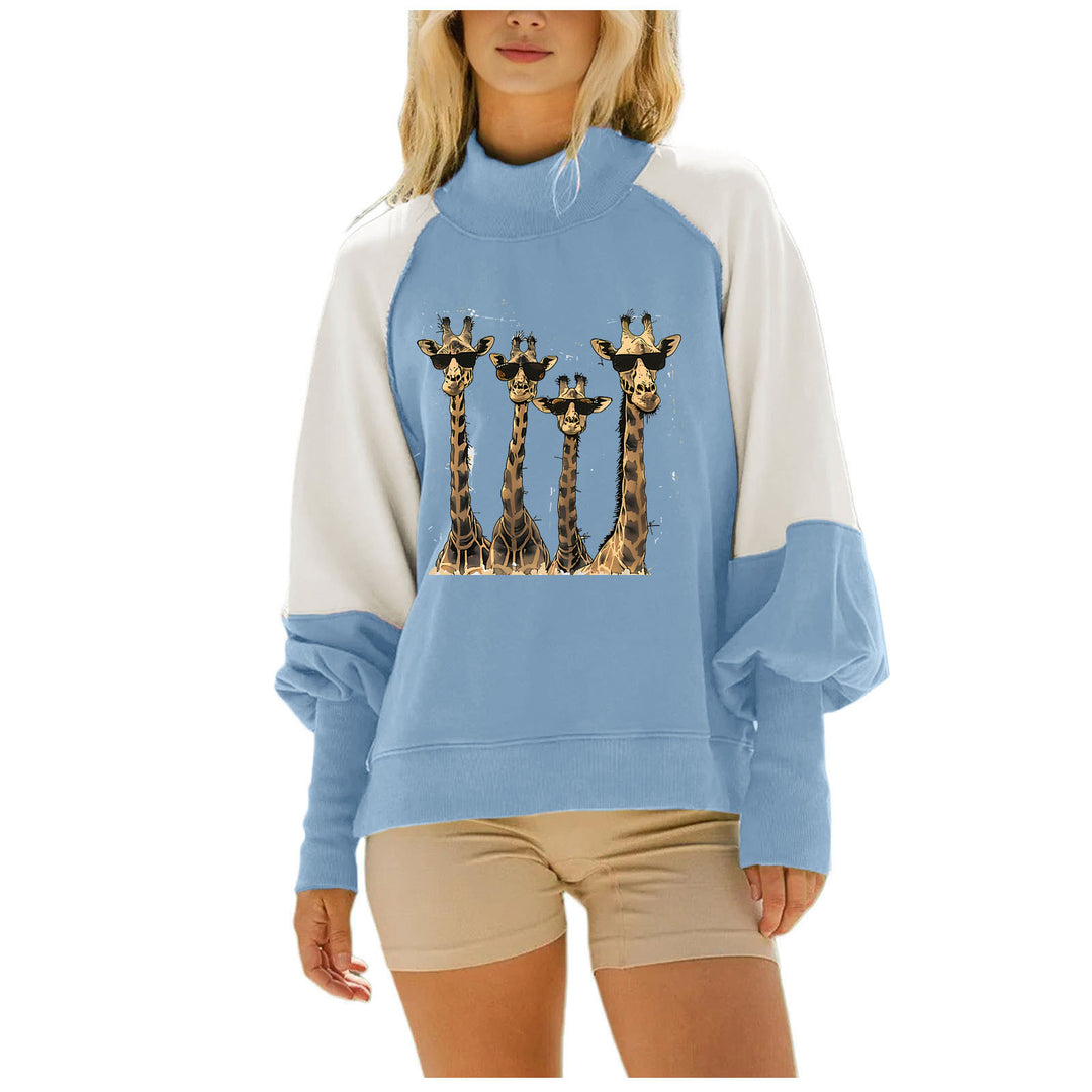 Damen lässiges Oversize Sweatshirt mit hohem Rollkragen, Raglanärmeln und Giraffen-Print – Avérine