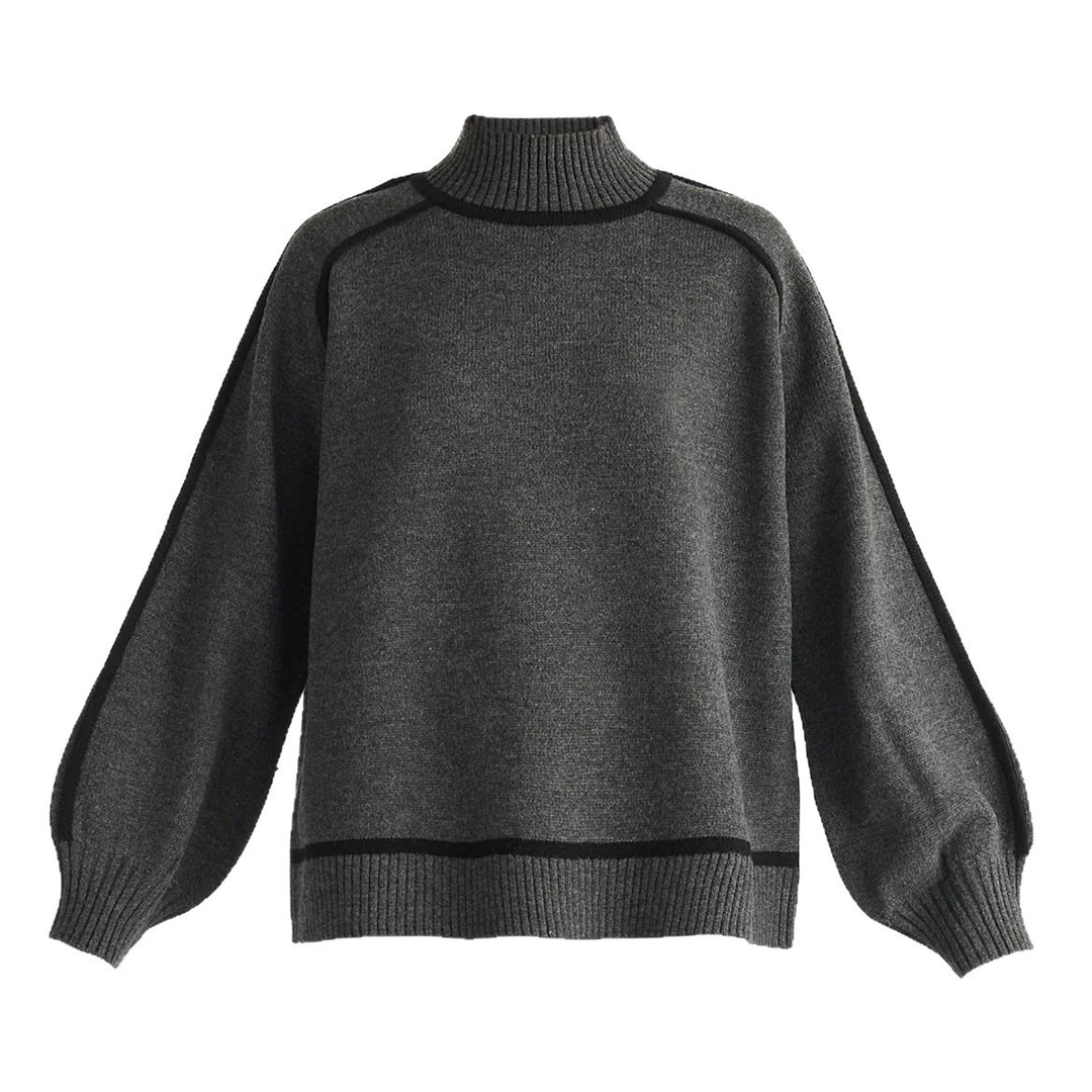 Damen Rollkragen-Feinstrickpullover mit kontrast-Keder und weitem Relax-Fit – Mavelle