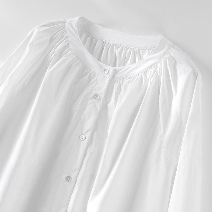 Damen Bluse mit gerafftem Rundhalsausschnitt und durchgehender Knopfleiste Echoarchiv