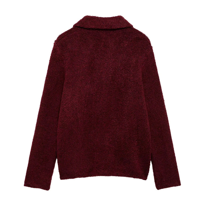 Damen kurze Bouclé-Teddyjacke mit dekorativen Blumenknöpfen, Hemdkragen und kastigem Schnitt – Célinea