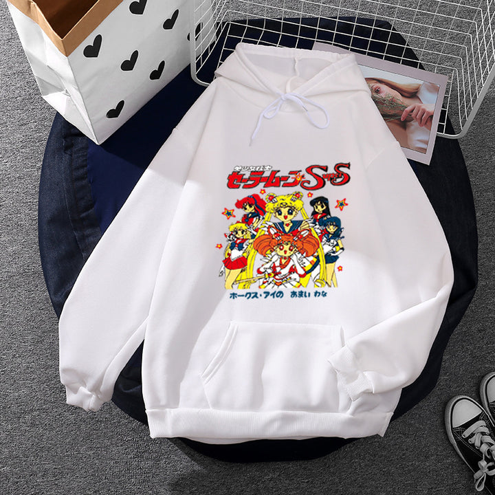 Damen Oversize-Kapuzenpullover mit gerautem Fleecefutter, Retro‑Anime‑Print und Kängurutasche – Auréline