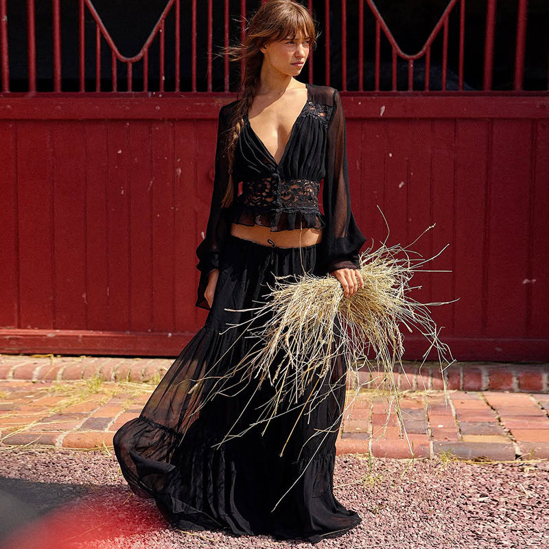 Damen Zweiteiliges Maxi-Kleid mit transparentem Oberteil und elastischem Bund Echo Archiv
