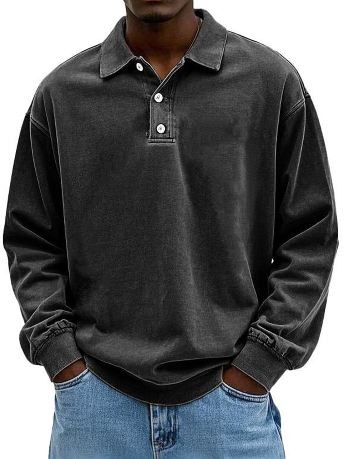 Herren Oversize Denim-Look Polo-Sweatshirt mit kurzer Knopfleiste und elastischen Bündchen EB – Norvane