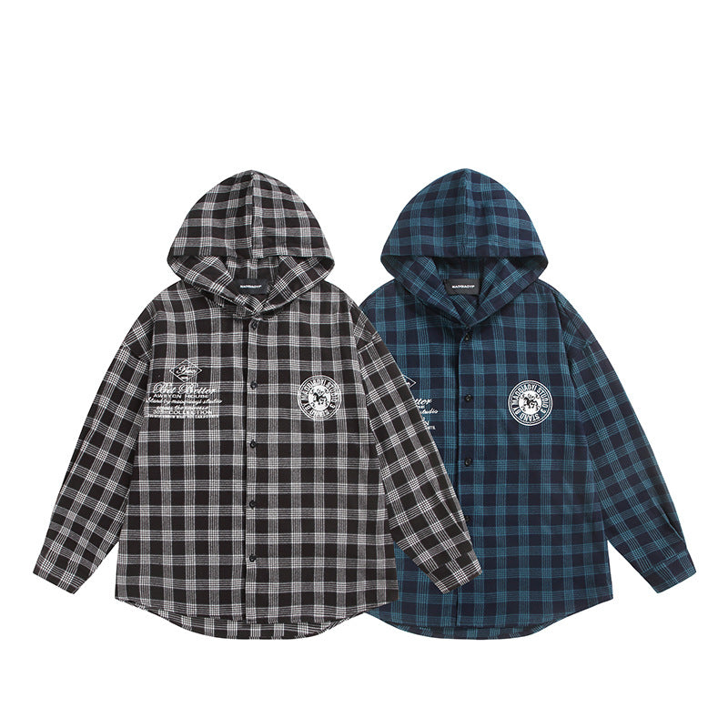 Unisex Kariertes Kapuzen-Overshirt aus Flanell mit Logostickerei und Oversize-Schnitt Echoarchiv