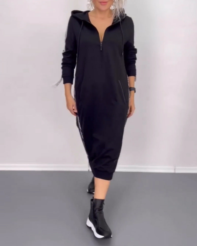 Damen nan knöchellanges Kapuzen-Sweatkleid mit Halbzip, Kängurutaschen und seitlicher Zierpaspel Echo Archiv