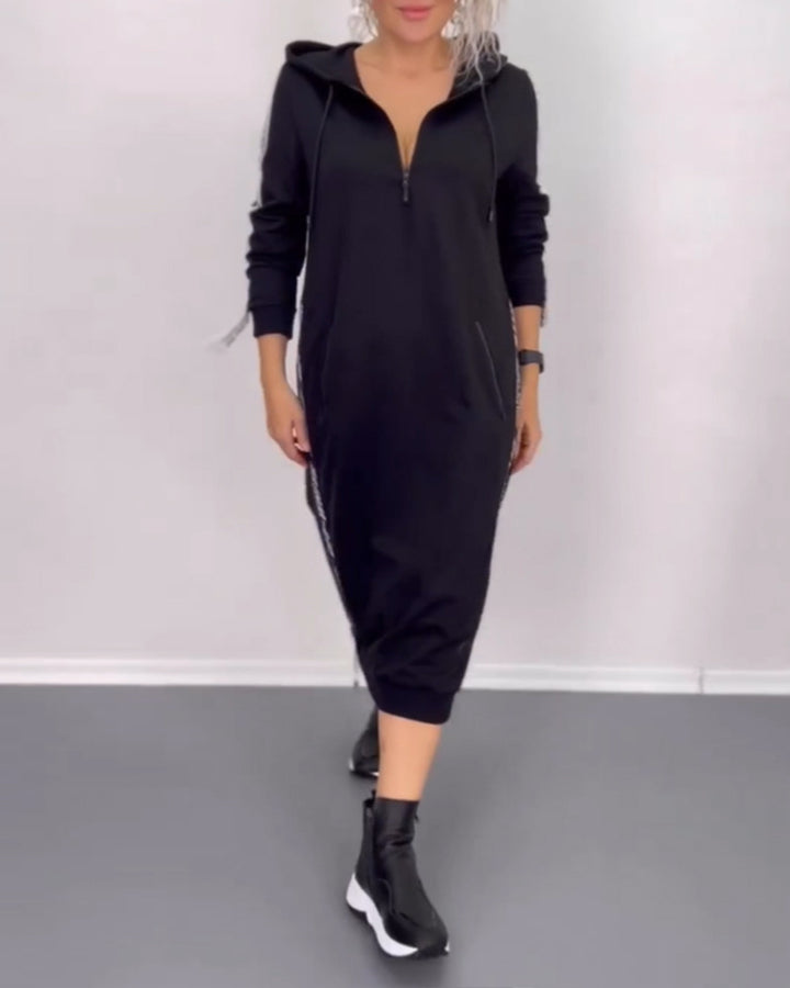 Damen nan knöchellanges Kapuzen-Sweatkleid mit Halbzip, Kängurutaschen und seitlicher Zierpaspel Echo Archiv