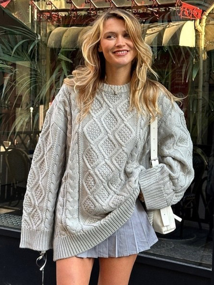 Damen Oversize Strickpullover mit Zopfmuster und Rippbündchen Echoarchiv