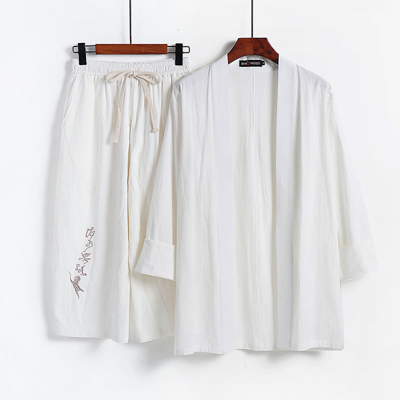 Damen Kimono-Set aus leichter Baumwollmischung offene Jacke mit lässig gekrempelten Ärmeln und weiter Haremshose mit Kordelzug Echoarchiv