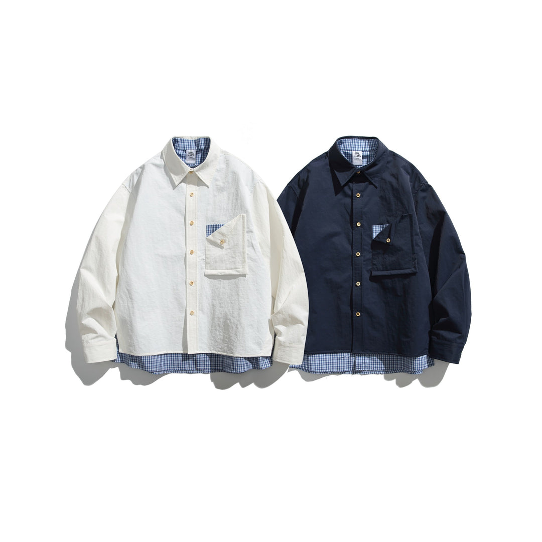 Herren Boxy-Overshirt im Layer-Look mit kariertem Innenfutter, Brusttasche und Holzknöpfen Echoarchiv