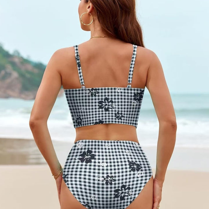 Damen Hochtailliertes Bikini-Set mit modischem Karomuster und Blumenakzenten Echo Archiv