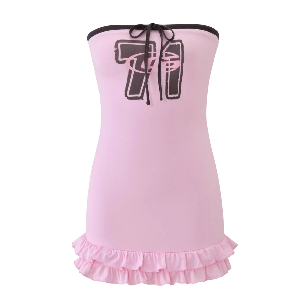 Damen Schulterfreies Mini-Kleid mit Rüschensaum und einzigartigem Grafikdesign Echo Archiv