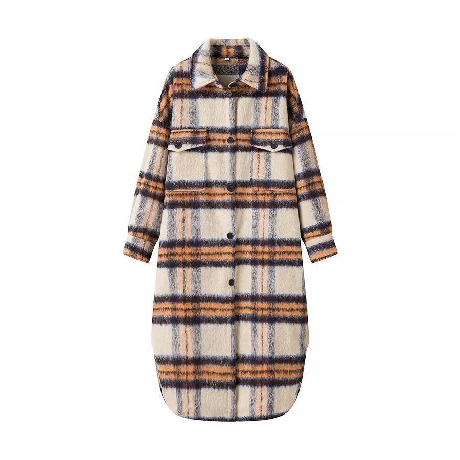 Damen Langer karierter Teddy‑Mantel in Shirtjacken‑Optik mit Hemdkragen und aufgesetzten Taschen Echo Archiv