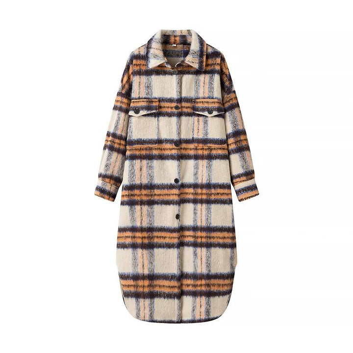 Damen Langer karierter Teddy‑Mantel in Shirtjacken‑Optik mit Hemdkragen und aufgesetzten Taschen Echo Archiv