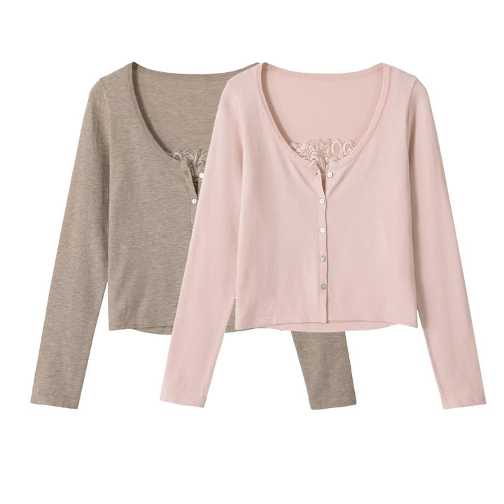 Damen Feine Knopfjacke mit Spitzen-Detail und U-Boot-Ausschnitt Echo Archiv