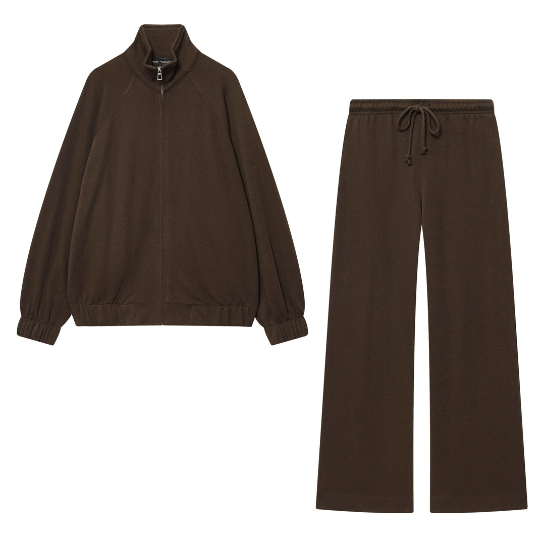 Damen loungiges Sweatsuit-Zweiteiler mit Reißverschluss-Stehkragen, elastischem Saum und weitem Highwaist-Hosenbein – Avélisse