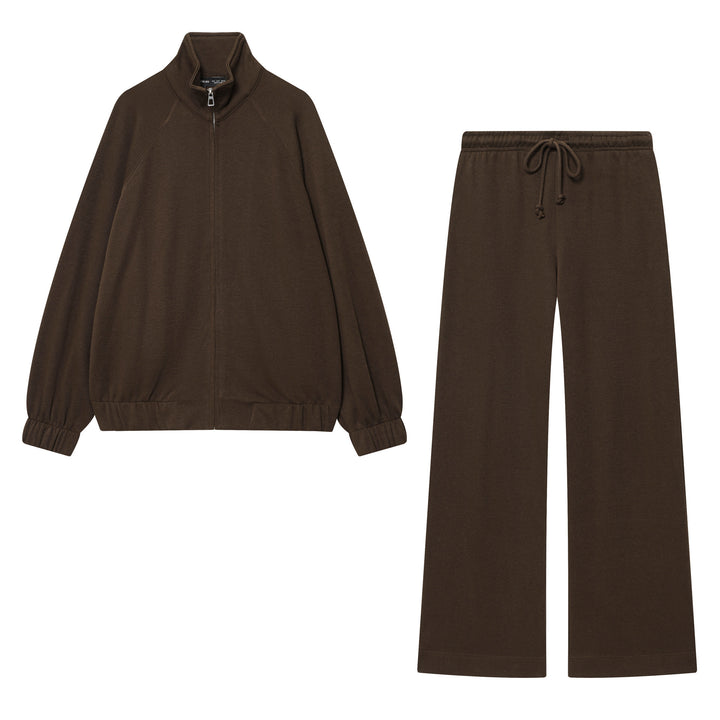 Damen loungiges Sweatsuit-Zweiteiler mit Reißverschluss-Stehkragen, elastischem Saum und weitem Highwaist-Hosenbein – Avélisse