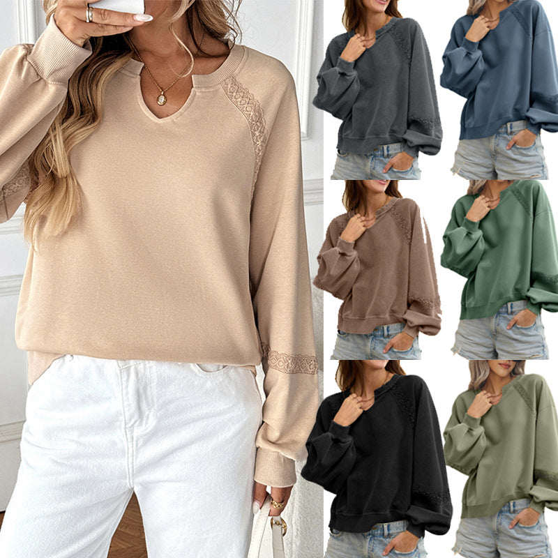 Damen Lässiges Sweatshirt mit V-Notch, Spitzeneinsätzen und Ballonärmeln – Mavelle