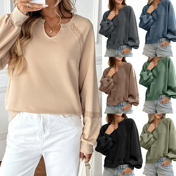 Damen Lässiges Sweatshirt mit V-Notch, Spitzeneinsätzen und Ballonärmeln – Mavelle