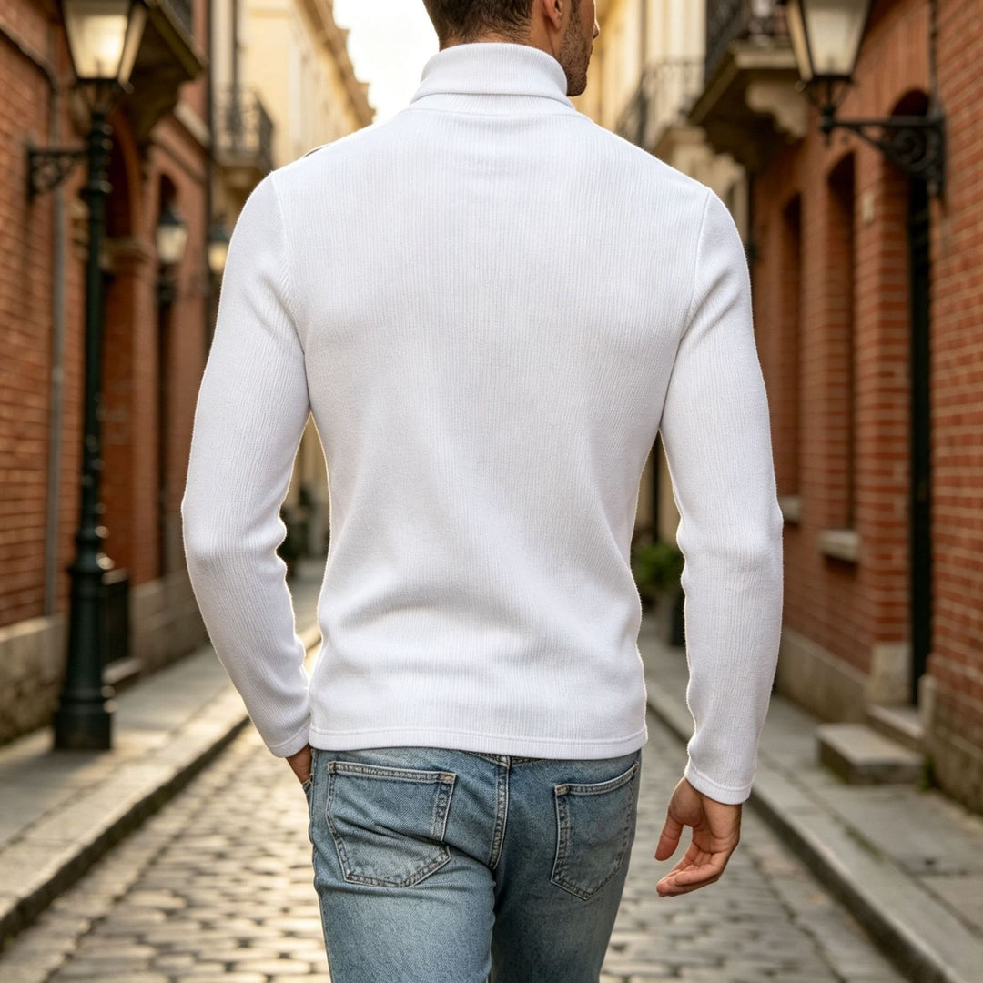Herren Slim-Fit Rollkragenpullover mit asymmetrischer Zierknopfleiste aus Rippstrick Echoarchiv