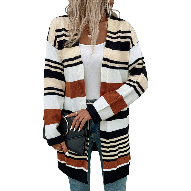 Damen Oversize Strickcardigan mit Blockstreifen, offener Front und langen Ärmeln Echoarchiv