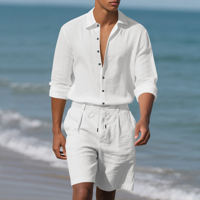 Herren lässiges Leinenhemd mit modischem Henley-Kragen und praktischen Brusttaschen Echoarchiv