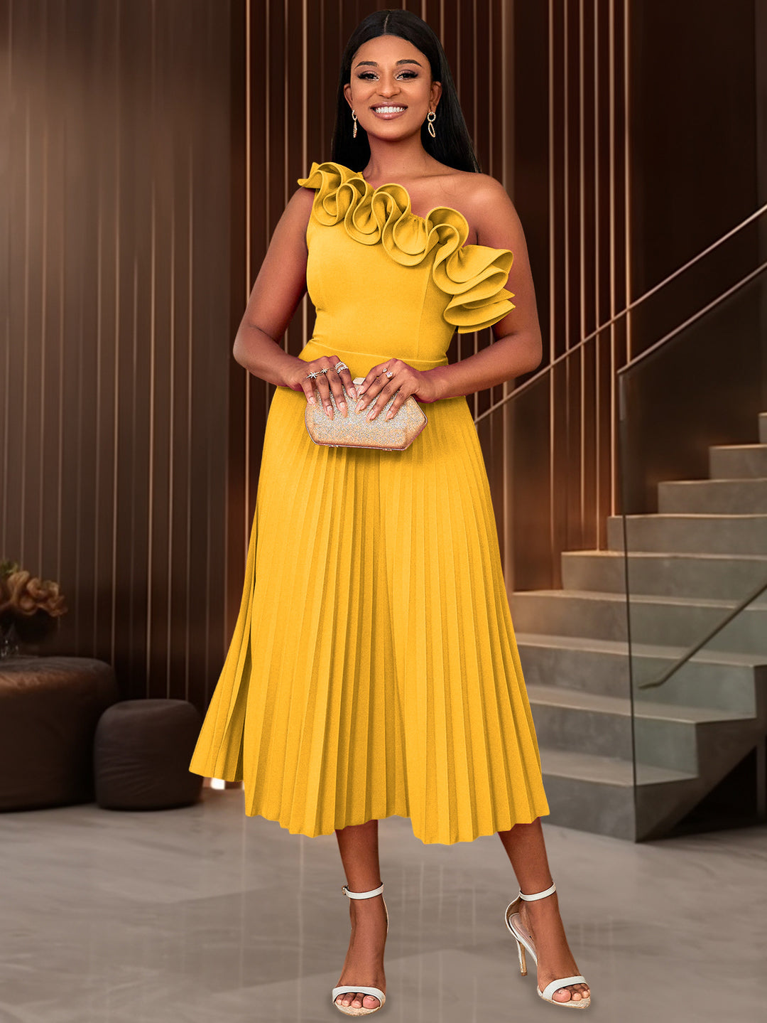Damen Elegantes Midi-Kleid mit asymmetrischem Rüschen-Ausschnitt Echo Archiv