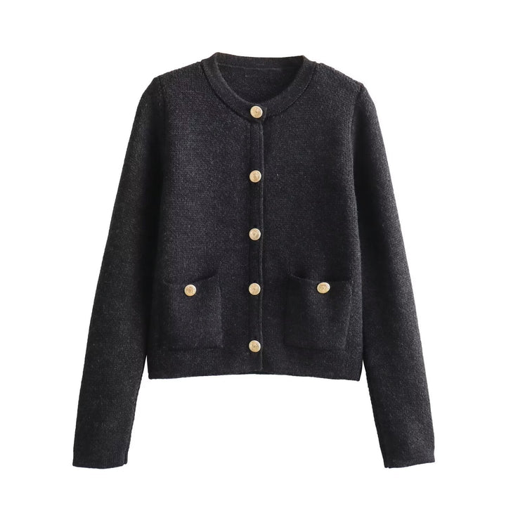 Damen Kurzgeschnittener Bouclé-Cardigan mit Rundhals, Pattentaschen und Münzknöpfen Echo Archiv