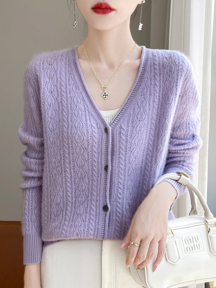 Damen Kurzer Zopfmuster-Cardigan im Mohair-Look mit V‑Ausschnitt und gerippten Bündchen Echoarchiv