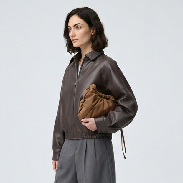 Damen Boxy-Cropped Kunstlederjacke mit verdecktem Reißverschluss und elastischem Saum Echoarchiv