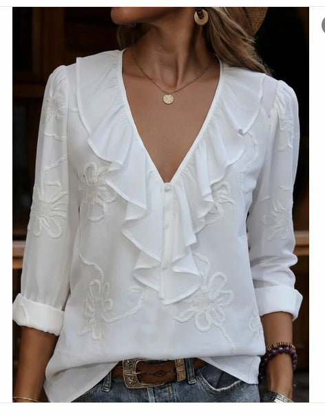 Damen elegante Bluse mit Volant und floralem Stickmuster Echo Archiv