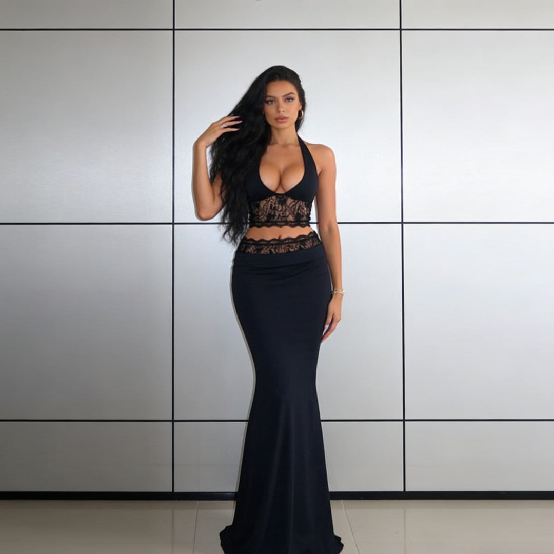 Damen Elegantes Spitzen-Crop-Top mit hochgeschnittenem Maxiröckchen Echo Archiv