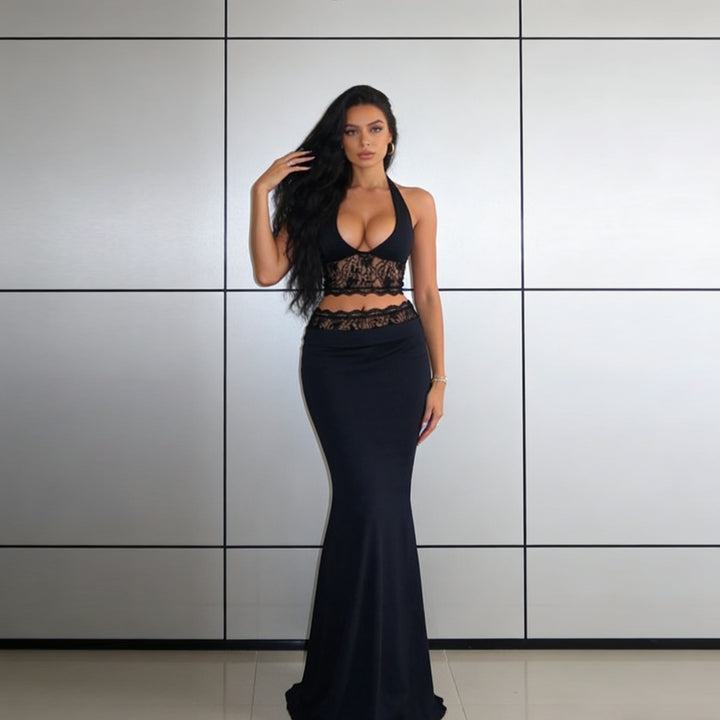 Damen Elegantes Spitzen-Crop-Top mit hochgeschnittenem Maxiröckchen Echo Archiv