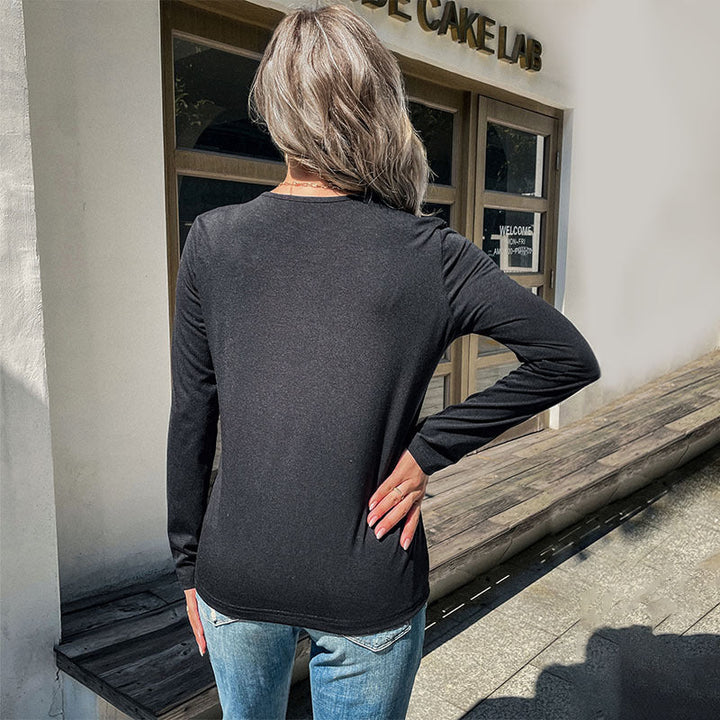 Damen Langarmshirt mit kontrastierendem Leoparden-Panel und V‑Ausschnitt Echoarchiv