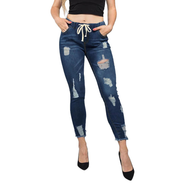 Damen Hochtaillierte Destroyed-Jogger-Jeans mit elastischem Tunnelzugbund und gekürztem Fransen-Saum Echo Archiv