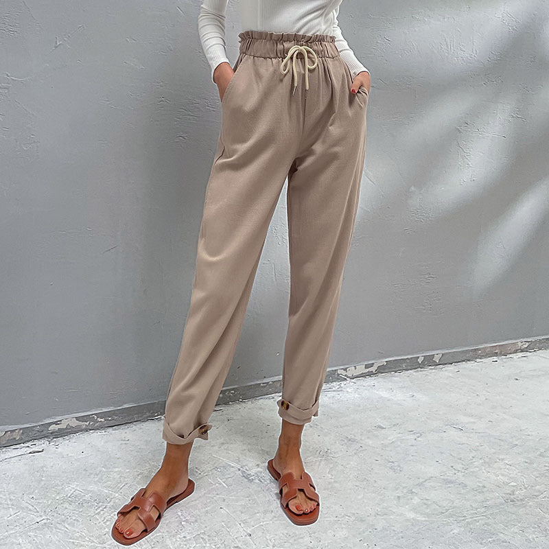 Damen Lässige Hose mit hohem Bund, Tunnelzug, Eingrifftaschen und konischer Beinform Echoarchiv